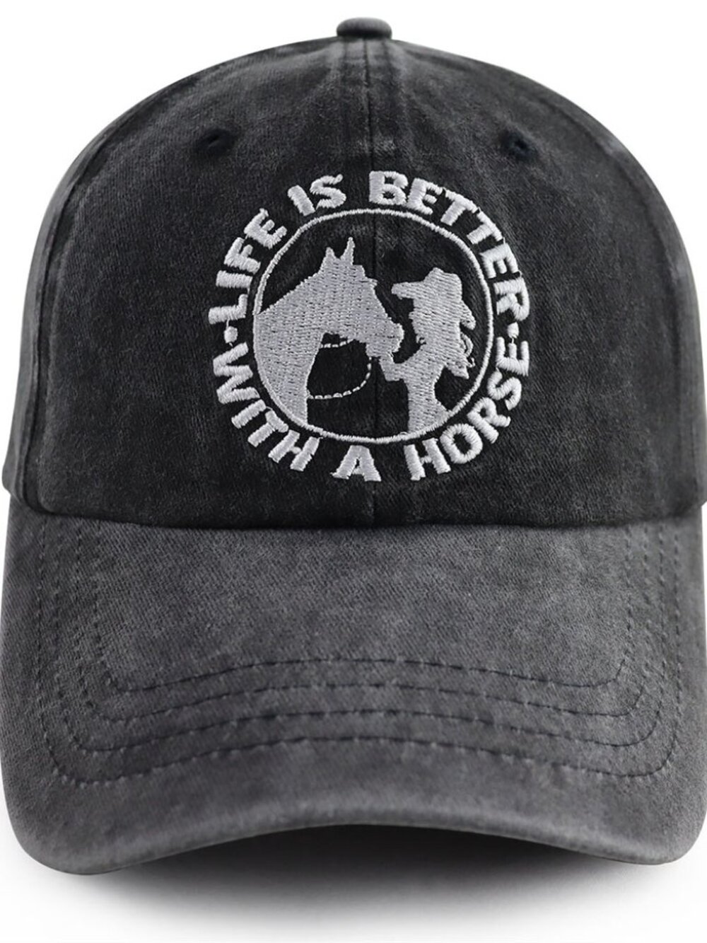 Life is Better with a Horse" Embroidered Washed Black Dad Hat